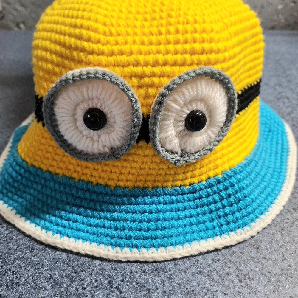 Hand Crocheted Bear & Minion Bucket Hats, Large, NWOT